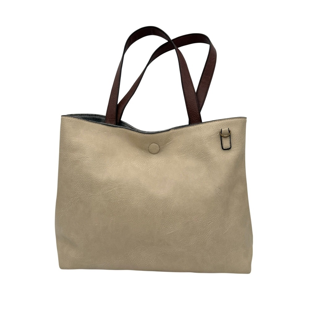 Large Cream Faux Leather Tote Bag Gray Felt Interior‎ Brown Straps Shopper